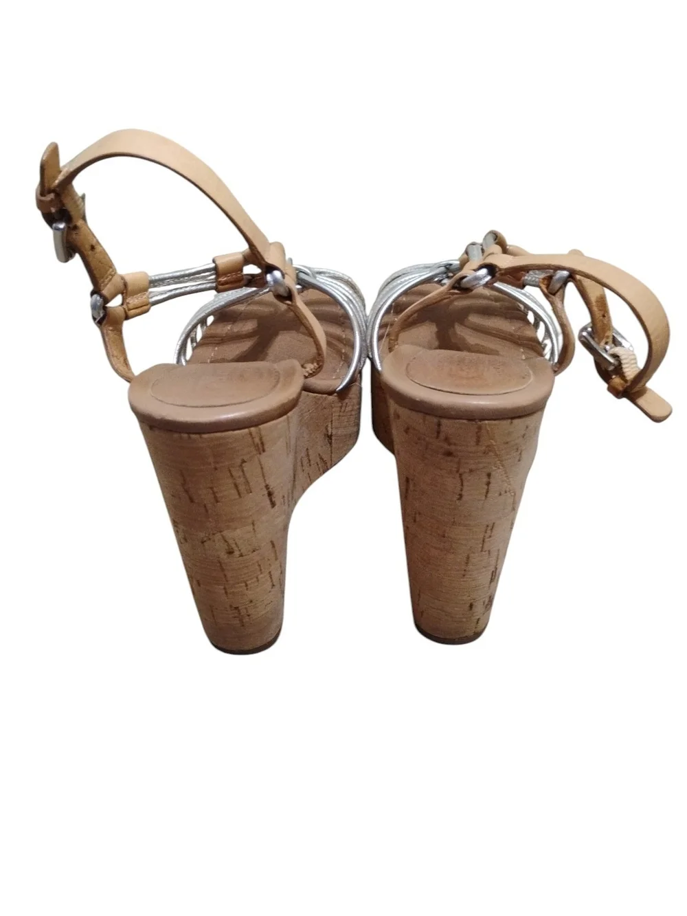 Coach Georgina Wedge Sandals with Cork Platform - Silver & Tan Size 6.5